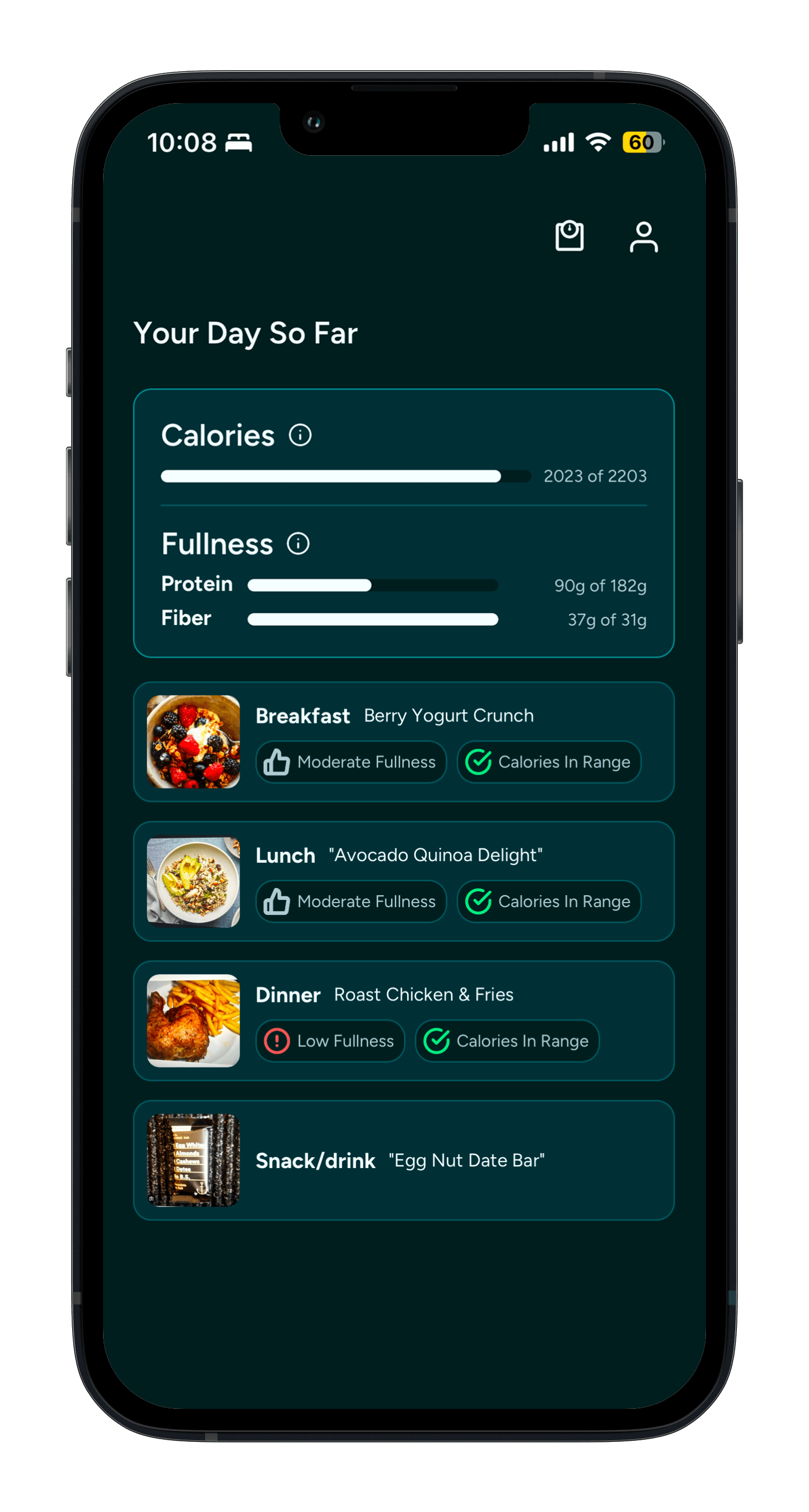 Fitmate app screen showing a meal logging workflow